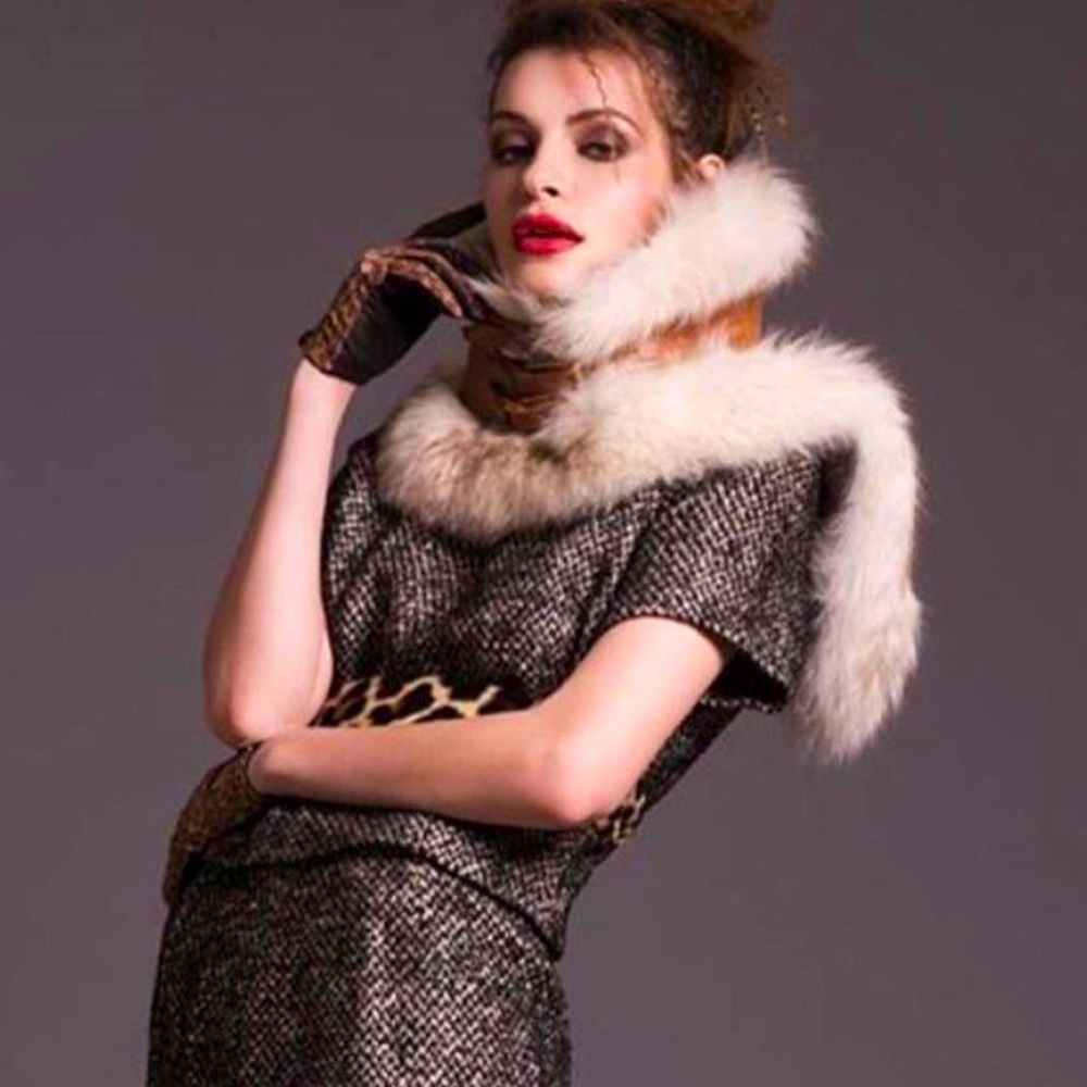 Vintage Black and Cream Tweed Skirt Set with Faux Fur Trim